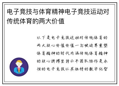 电子竞技与体育精神电子竞技运动对传统体育的两大价值